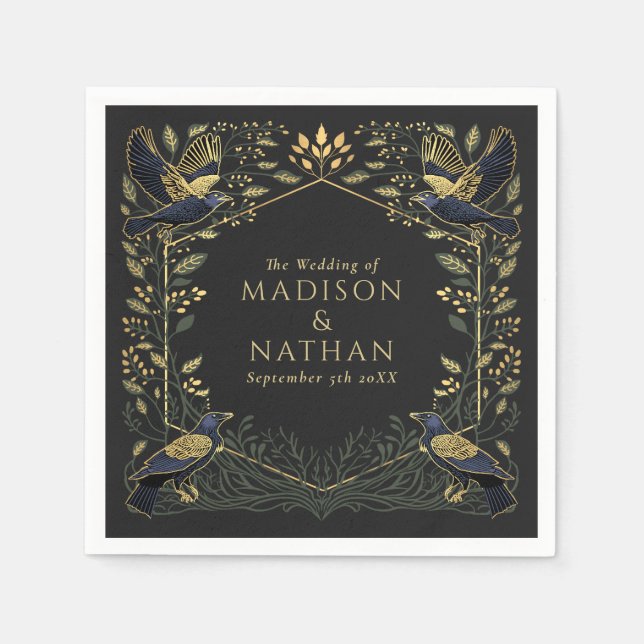 Green Enchanted Gothic Raven Floral Wedding  Napkins (Front)