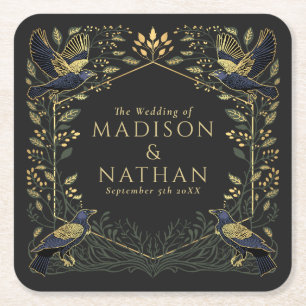 Green Enchanted Gothic Raven Floral Wedding  Square Paper Coaster