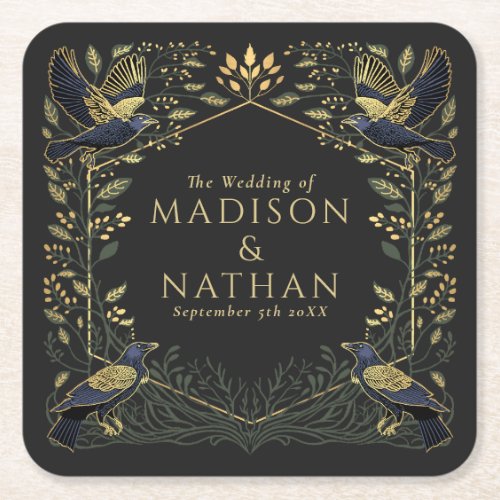 Green Enchanted Gothic Raven Floral Wedding  Square Paper Coaster