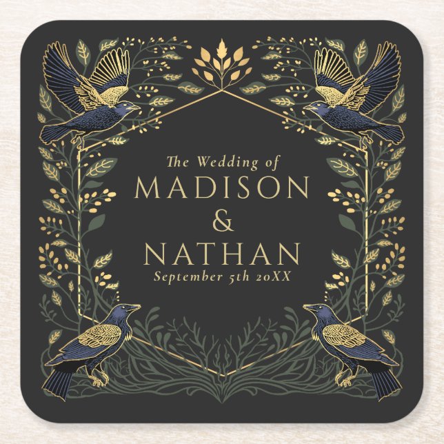Green Enchanted Gothic Raven Floral Wedding  Square Paper Coaster (Front)