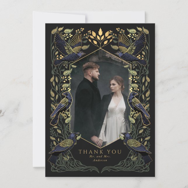 Green Enchanted Raven Wedding Thank You Card (Front)