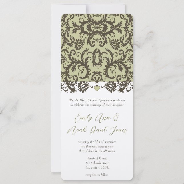 Green Enchantment Damask Wedding Invitation (Front)