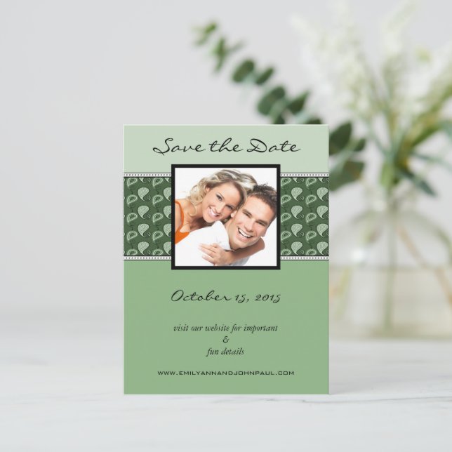 Green Enchantment Paisley Save The Date Your Photo Announcement Postcard (Standing Front)
