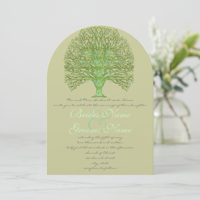 Green Enchantment Tree Wedding Invitation (Standing Front)