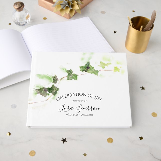 Green English Ivy Celebration of Life Memorial  Guest Book (Front Open)