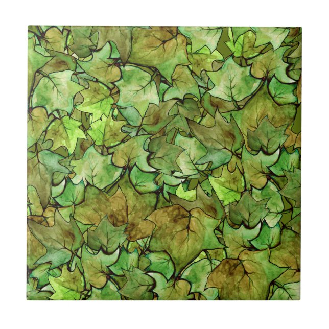 Green English Ivy Nature Watercolor Pattern Ceramic Tile (Front)