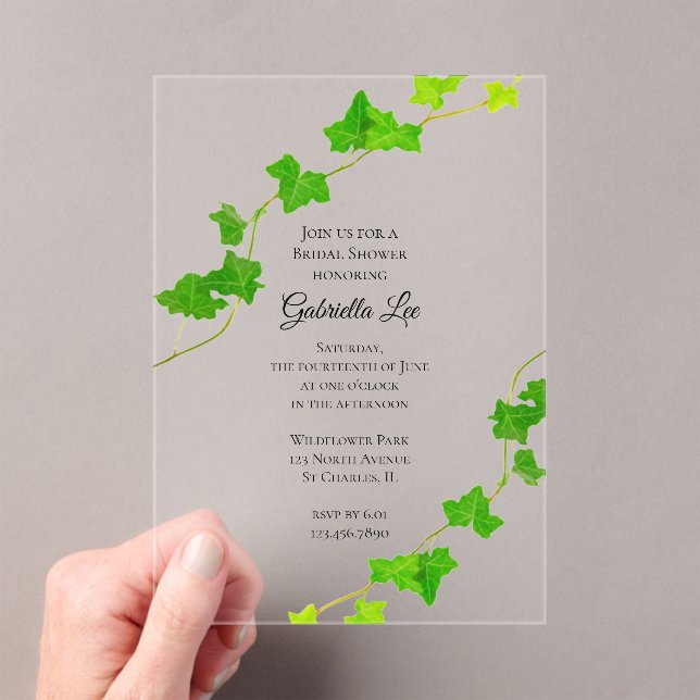 Green English Ivy Vine Bridal Shower Acrylic Invitations (Insitu (Handheld))