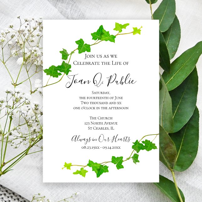 Green English Ivy Vine Foliage Celebration of Life Invitation (Creator Uploaded)
