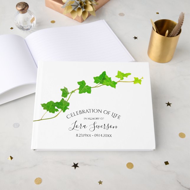 Green English Ivy Vine Funeral Memorial  Guest Book (Front Open)