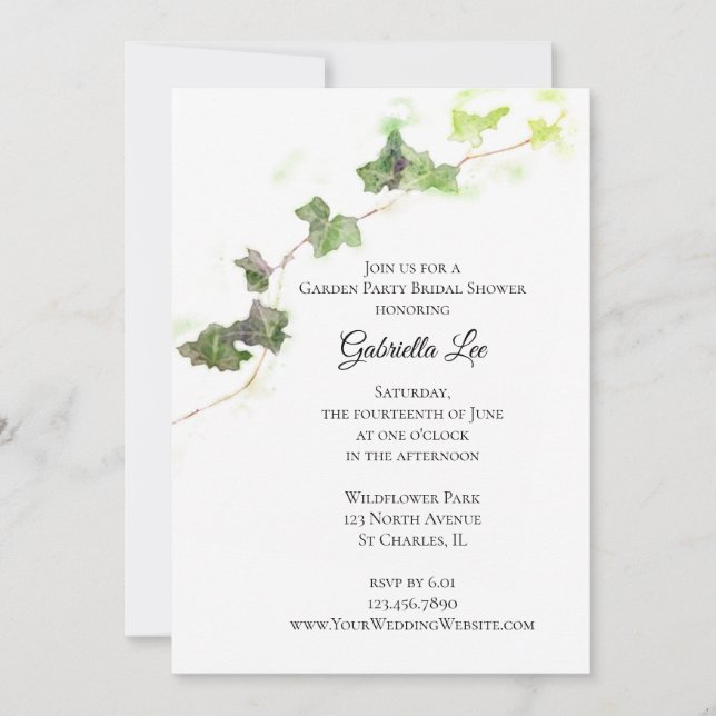 Green English Ivy Vine Garden Party Bridal Shower  Invitation (Front)