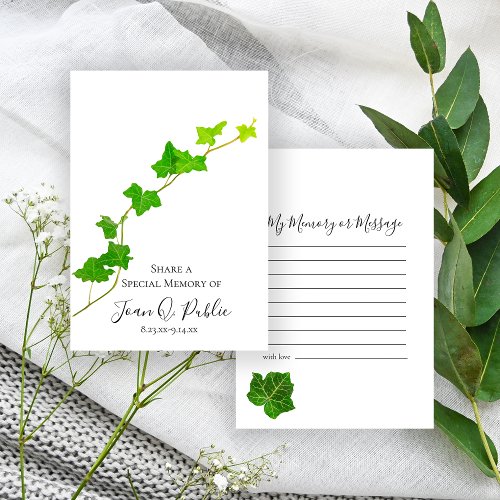 Green English Ivy Vine Share Memory Funeral  Note Card