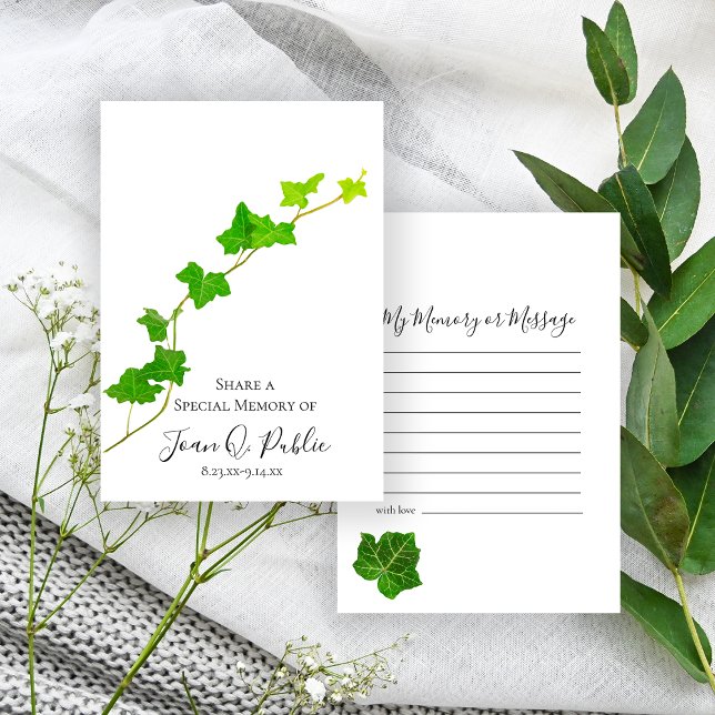 Green English Ivy Vine Share Memory Funeral  Note Card (Creator Uploaded)