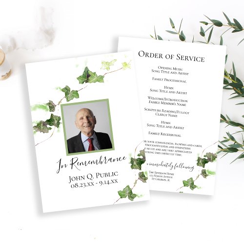 Green English Ivy Vine Watercolor Funeral Service Program