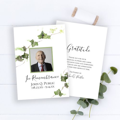 Green English Ivy Vine Watercolor Funeral Sympathy Thank You Card