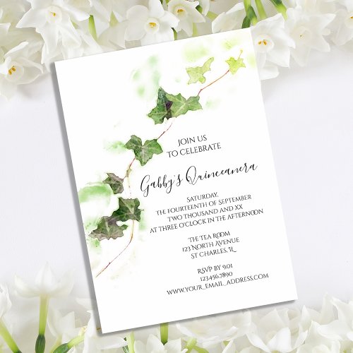 Green English Ivy Vine Watercolor Quinceanera  Invitation