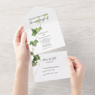 Green English Ivy Vine Watercolor Wedding All In One Invitation