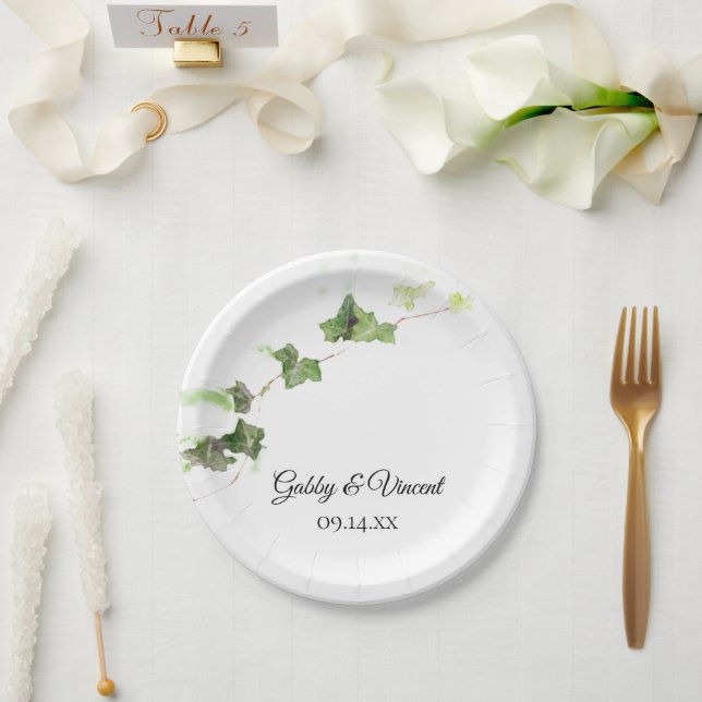 Green English Ivy Vine Watercolor Wedding Paper Plates (Wedding)