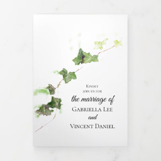 Green English Ivy Vine Watercolor Wedding Tri-Fold Invitation
