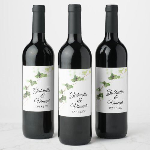 Green English Ivy Vine Watercolor Wedding Wine Label
