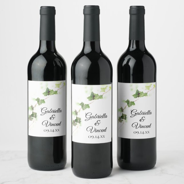 Green English Ivy Vine Watercolor Wedding Wine Label (Bottles)