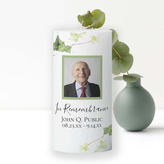 Green English Ivy Watercolor Funeral Memorial Pillar Candle (Creator Uploaded)