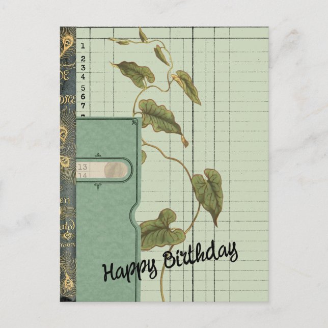 Green Ephemera Collage Happy Birthday Postcard (Front)