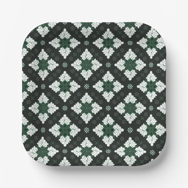 Green ethnic damask batik seamless pattern paper plates (Front)