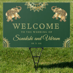 Green Ethnic Elephants Indian Wedding Welcome Sign