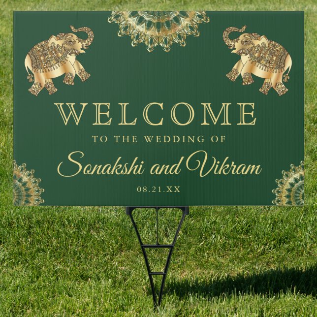 Green Ethnic Elephants Indian Wedding Welcome Sign (Insitu)
