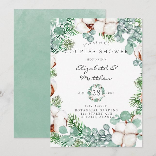 Green Eucalyptus and Cotton Couples Shower Invitation (Front/Back)
