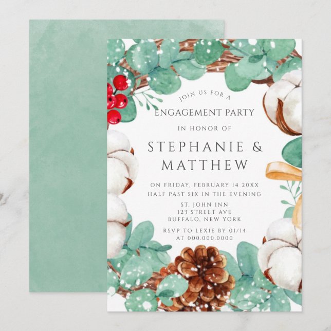 Green Eucalyptus and Cotton Engagement Party Invit Invitation (Front/Back)