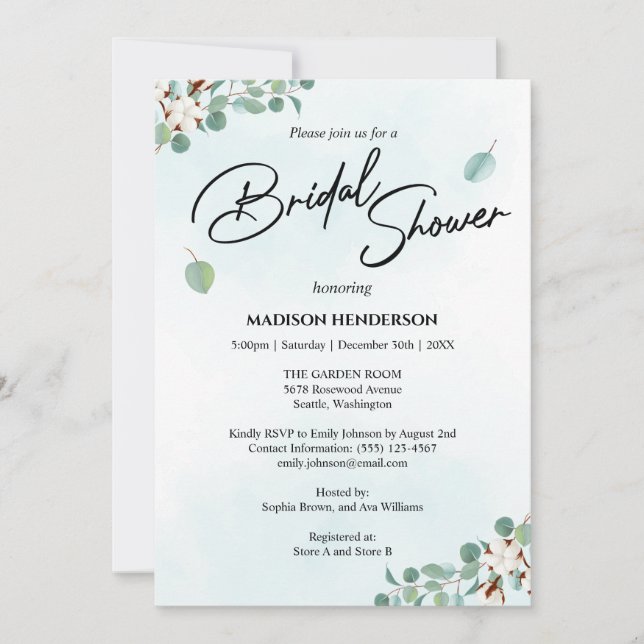 Green Eucalyptus and Cotton Flowers Bridal Shower Invitation (Front)