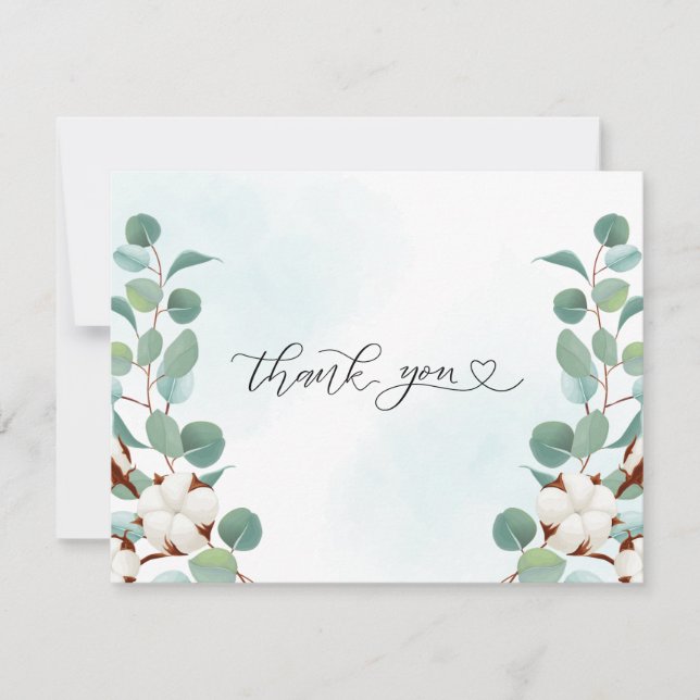 Green Eucalyptus and Cotton Flowers Wedding Thank You Card (Front)
