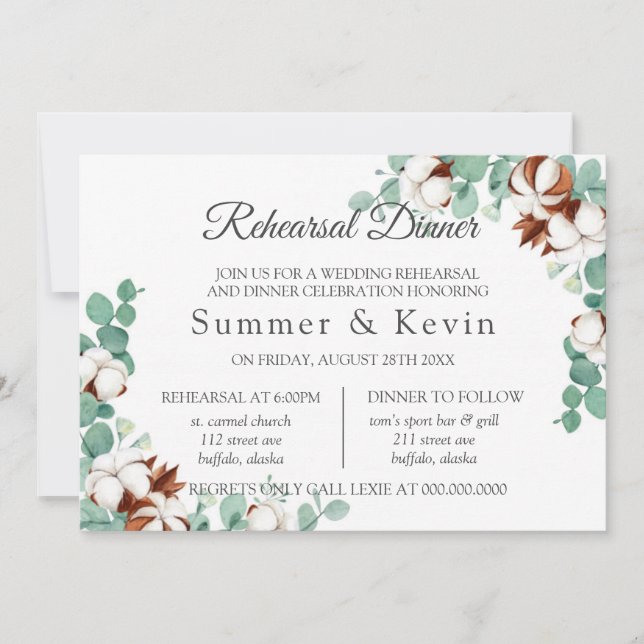 Green Eucalyptus and Cotton Rehearsal Dinner Invitation (Front)
