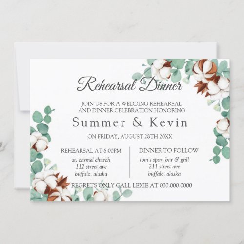 Green Eucalyptus and Cotton Rehearsal Dinner Invitation