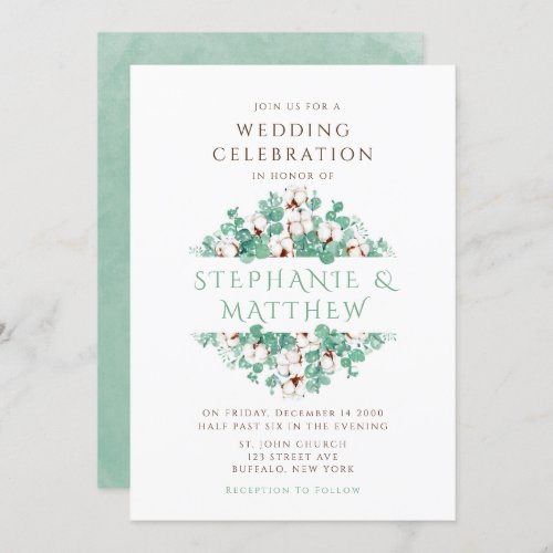 Green Eucalyptus and Cotton Wedding Invitation