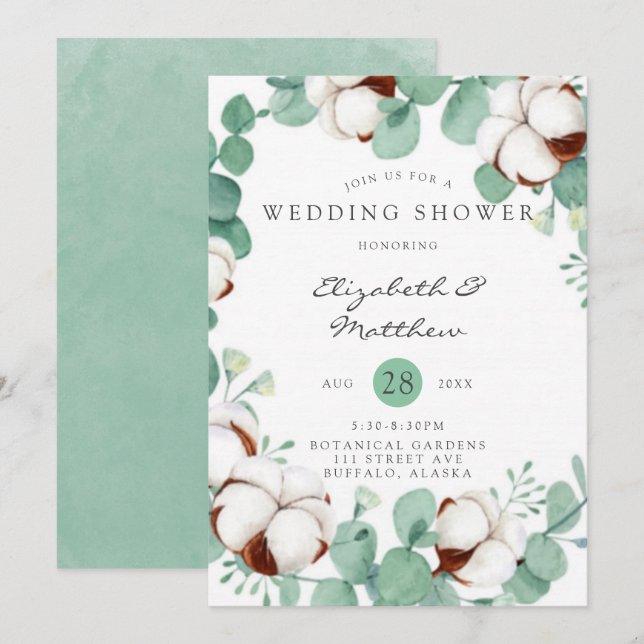 Green Eucalyptus and Cotton Wedding Shower Invitat Invitation (Front/Back)
