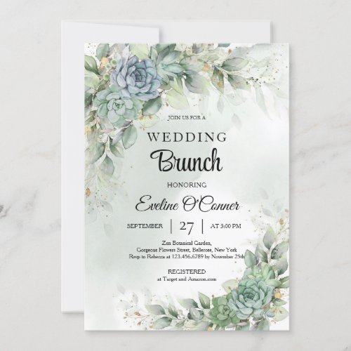 Green eucalyptus and succulents wedding brunch invitation