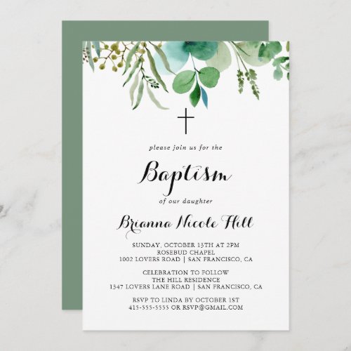 Green Eucalyptus Botanical Calligraphy Baptism Invitation