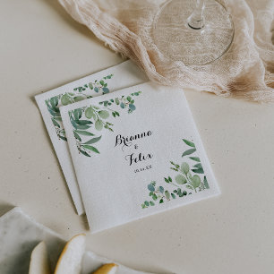 Green Eucalyptus Botanical Calligraphy Wedding Napkins