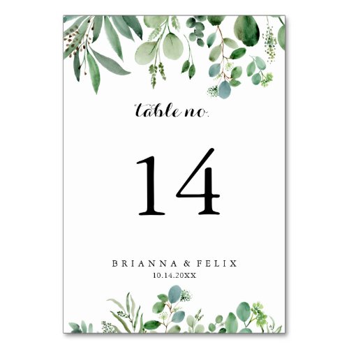 Green Eucalyptus Botanical Calligraphy Wedding Table Number