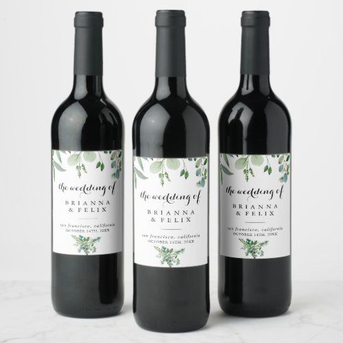 Green Eucalyptus Botanical Calligraphy Wedding Wine Label