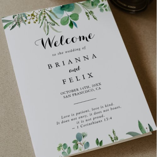 Green Eucalyptus Botanical foliage Folded Wedding Program