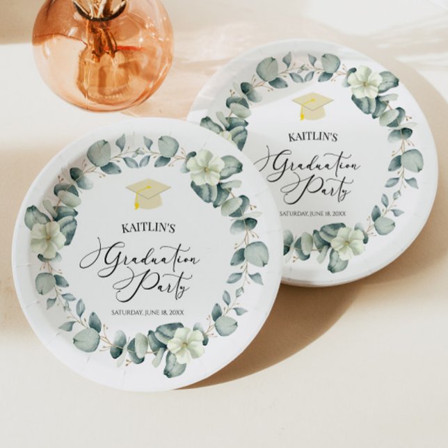 Green Eucalyptus Botanical Graduation Party Paper Plates (Creator Uploaded)