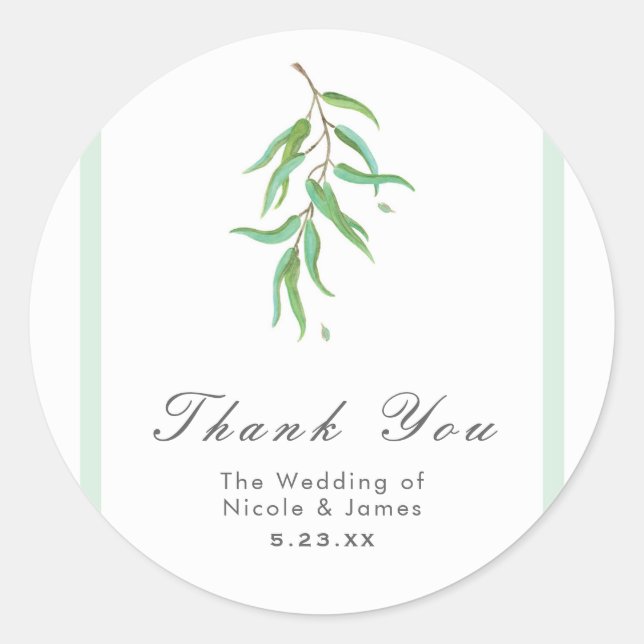 Green Eucalyptus Botanical Leaves Rustic Wedding Classic Round Sticker (Front)
