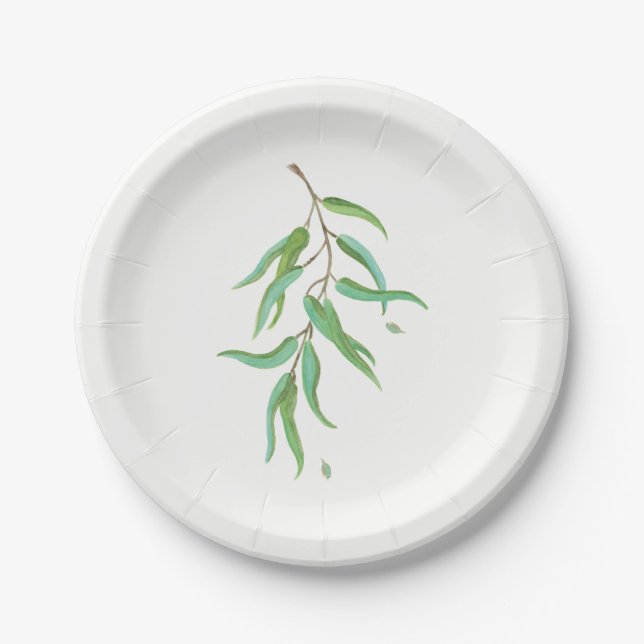 Green Eucalyptus Botanical Leaves Rustic Wedding Paper Plates (Front)