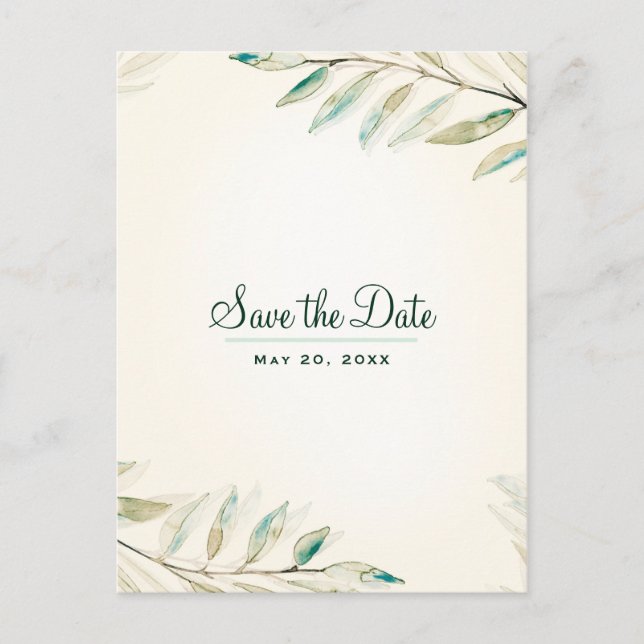 Green Eucalyptus Botanical Leaves Save the Date Announcement Postcard (Front)
