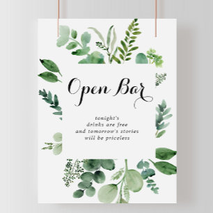 Green Eucalyptus Botanical Wedding Open Bar Sign