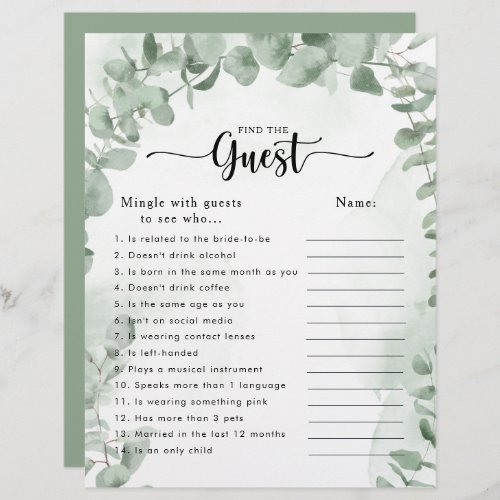 Green Eucalyptus Bridal Shower Find the Guest Game