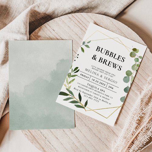 Green Eucalyptus Bubbles  Brews Bridal shower  Invitation